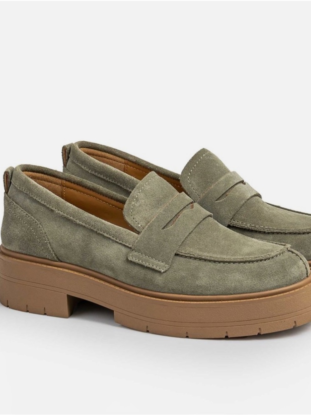 Geox Olive Green Suede Platform Loafers with Tan Sole